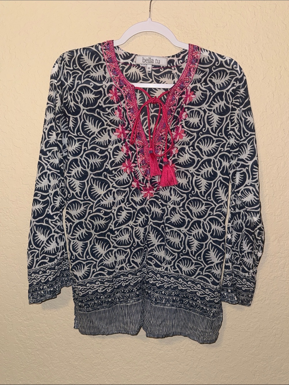 Bella Tu Navy Tunic with Pink Embroidered Neckline
